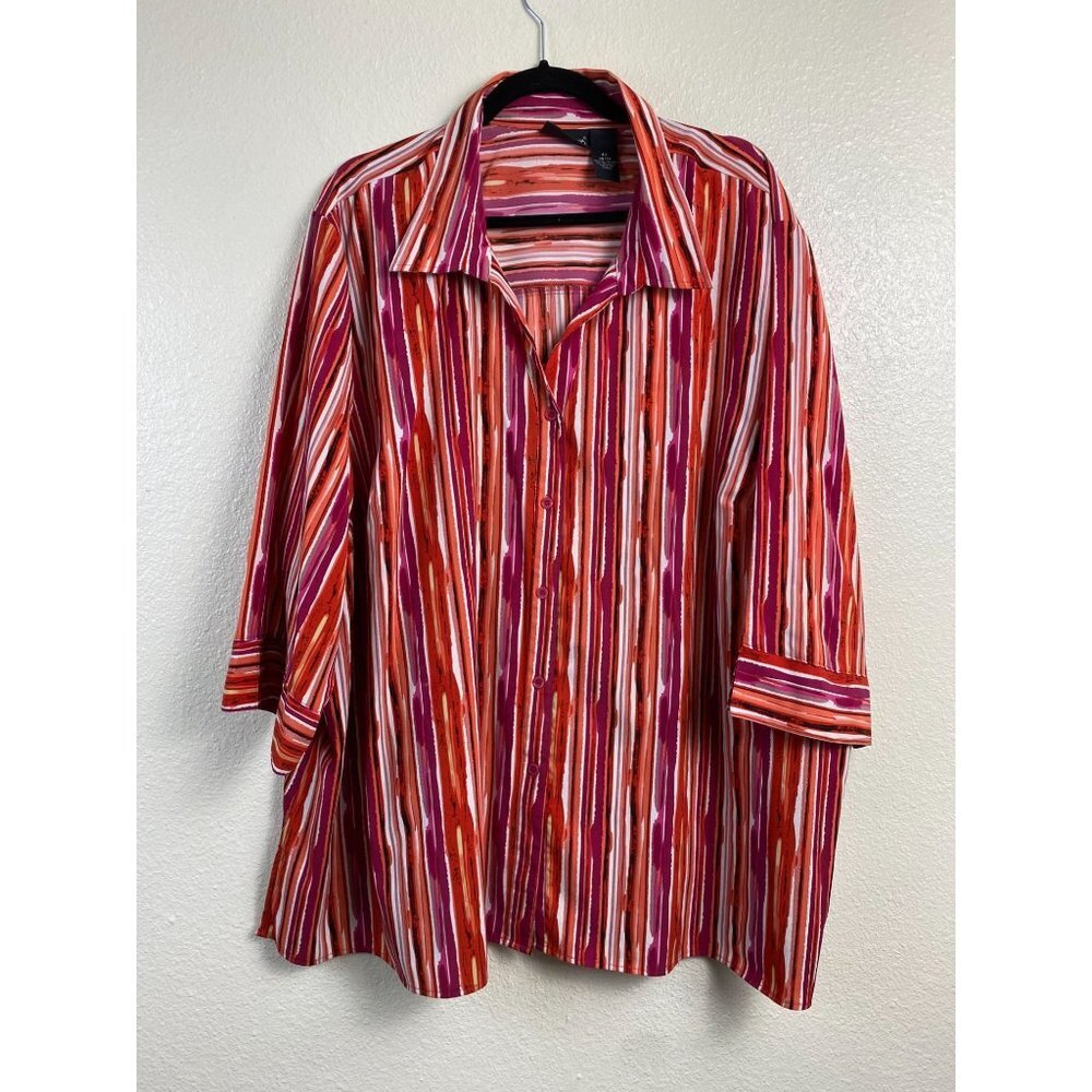 Maggie Barnes Womens Top Plus size 4x Stripes boho Button Up Classic Red Orange
